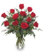 Photo of  Dozen Red Roses arranged in a vase.