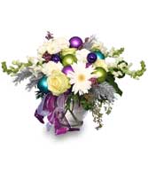 New Years Flower Arrangement with white flowers and colored balls
