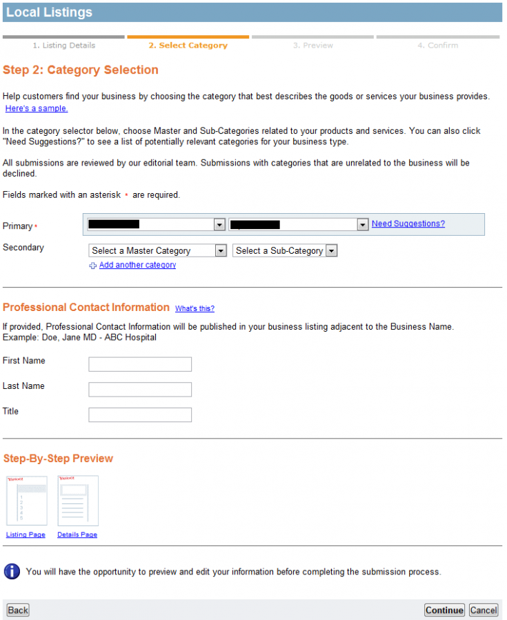 Yahoo Listing - Select Category