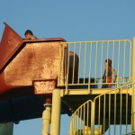 No fear! Kids lining up for the BIG slide!