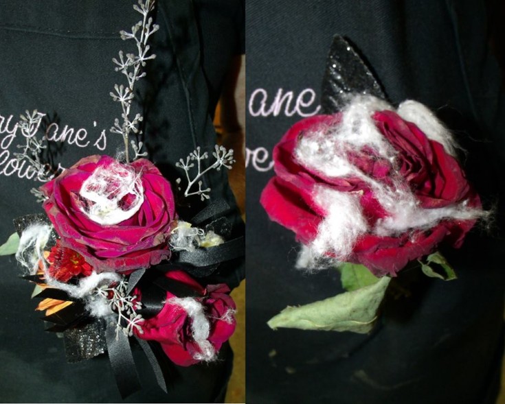 Undead corsage and boutonneire from MaryJane's Flowers in Berlin, NJ