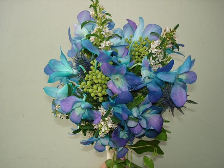 Blue wedding bouquet from The Petal Patch, Ltd. in McFarland, WI